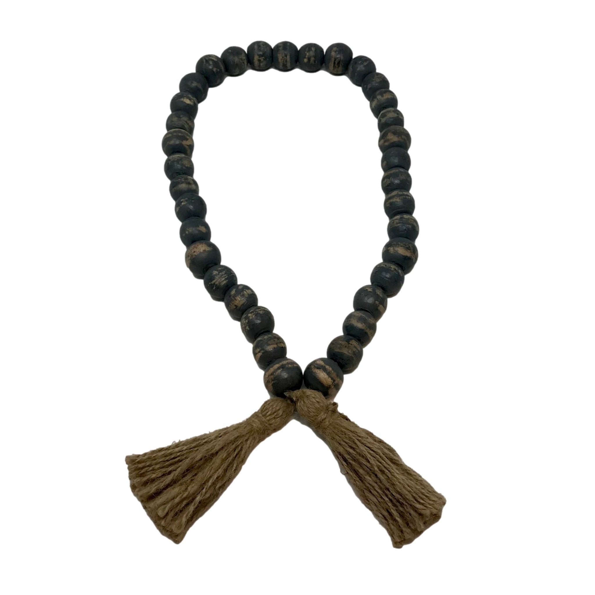 Wooden Boho Bead Garland with Natural Jute Tassels-Whitewash: Grey Washed - HER Home Design Boutique